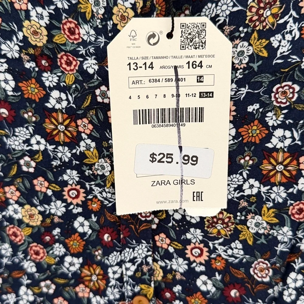 Zara Girls Navy Floral Button-Front Dress size 13/14